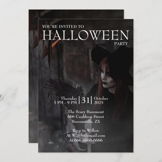 Halloween Modern Gothic Witch Broom Dark Photo 招待状 (正面/裏面)