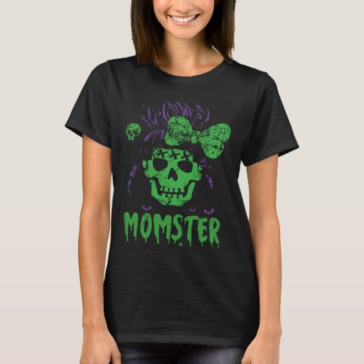 Halloween Momster Spooky Skull Messy Bun Monster M Tシャツ (正面)