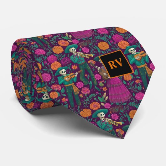 Halloween Musical Skeletons with Flowers ネクタイ (ロール)