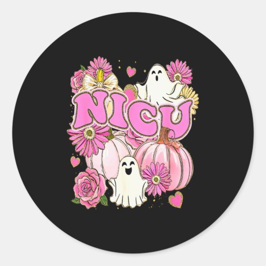 Halloween Nicu Nurse Pink Floral Pumpkin Ghost Icu ラウンドシール (正面)