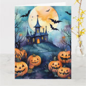 Halloween Night Full Moon Jack O’Lanterns Bats カード (黄色い花)