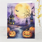 Halloween Night Jack O’Lanterns Bats Cemetery カード (黄色い花)