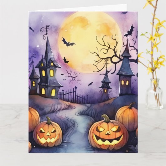 Halloween Night Jack O’Lanterns Bats Cemetery カード (黄色い花)