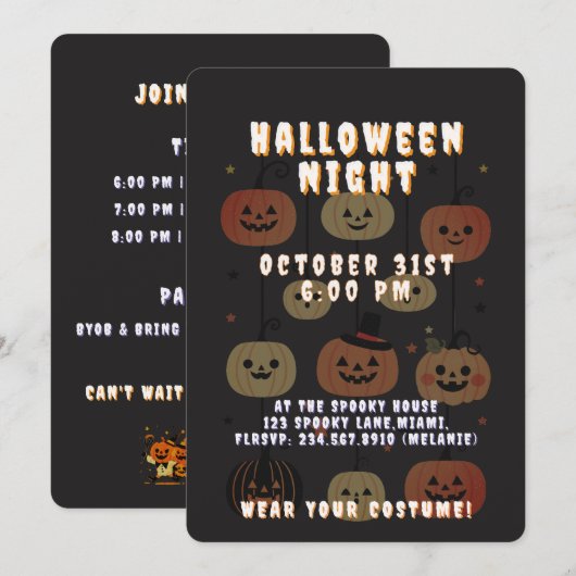 Halloween Night Spooky Cute Jack-O'-Lantern 招待状 (正面/裏面)