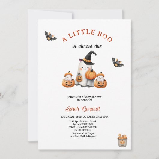 Halloween orange Pumpkin Little Boo Baby Shower 招待状 (正面)