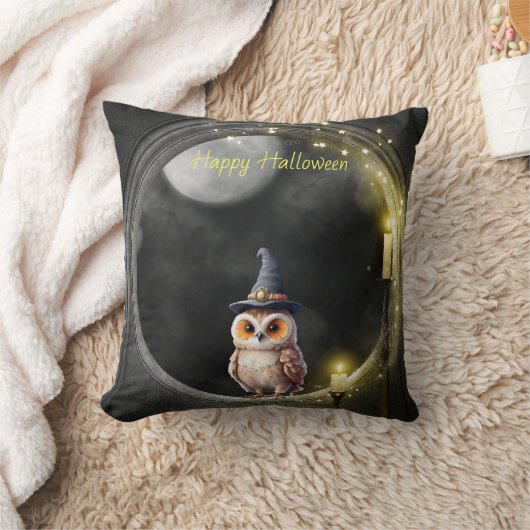 Halloween Owl in Round Tower Window クッション (ブランケット)