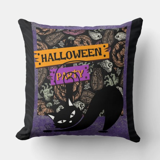Halloween Party and Black Cat , Throw Pillow クッション (正面)