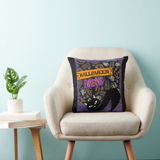 Halloween Party and Black Cat , Throw Pillow クッション (椅子)