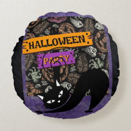 Halloween Party and Black Cat , Throw Pillow ラウンドクッション