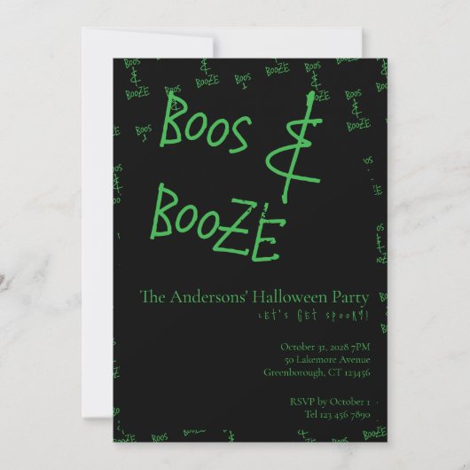 Halloween Party Boos and Booze Green Black 招待状 (正面)