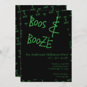 Halloween Party Boos and Booze Green Black 招待状 (正面/裏面)