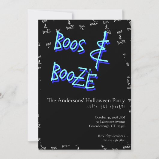 Halloween Party Boos and Booze Neon Blue 招待状 (正面)