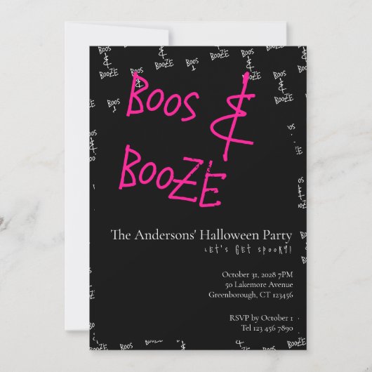 Halloween Party Boos and Booze Pink Black White 招待状 (正面)