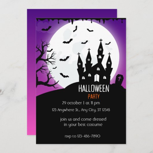 Halloween Party bright purple And Black 招待状 (正面/裏面)