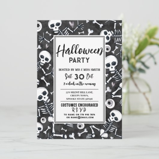 Halloween Party Haunted Skeltons Black White 招待状 (スタンド正面)