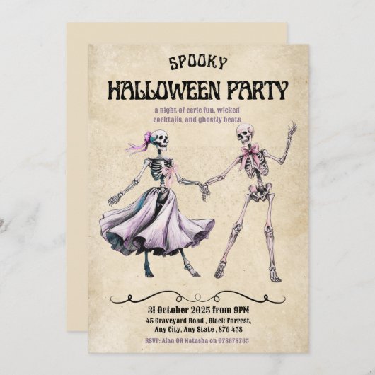 Halloween Party Invitation – Dancing Skeletons 招待状 (正面/裏面)