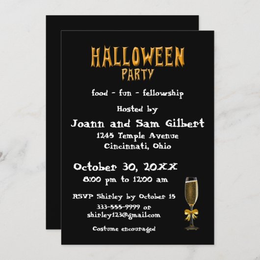 Halloween Party invitation Elegant Champagne 招待状 (正面/裏面)