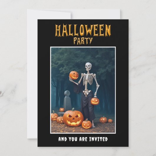 Halloween Party invitation Skeleton among Pumpkins 招待状 (正面)