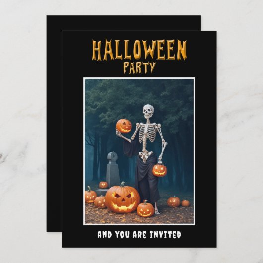 Halloween Party invitation Skeleton among Pumpkins 招待状 (正面/裏面)