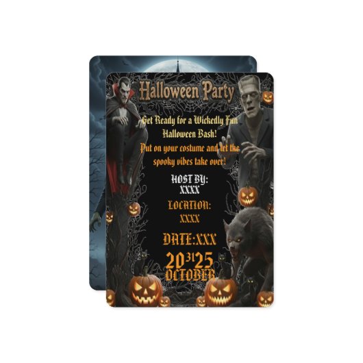 Halloween Party Invitation Spooky Monsters Frame 招待状 (正面/裏面インサイチュ)