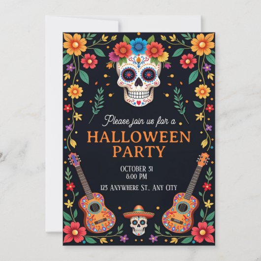 Halloween Party Invitation with Colorful Skulls 招待状 (正面)