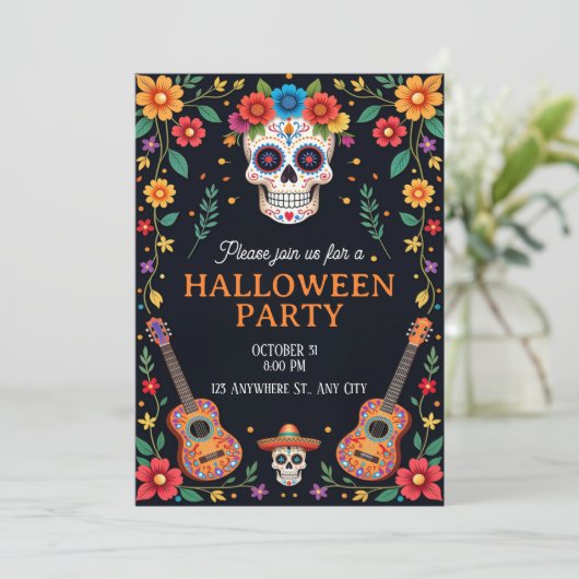 Halloween Party Invitation with Colorful Skulls 招待状 (スタンド正面)