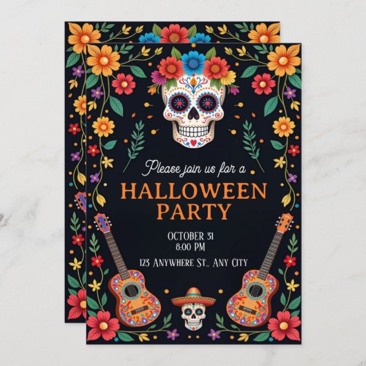 Halloween Party Invitation with Colorful Skulls 招待状 (正面/裏面)