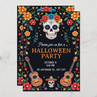Halloween Party Invitation with Colorful Skulls 招待状