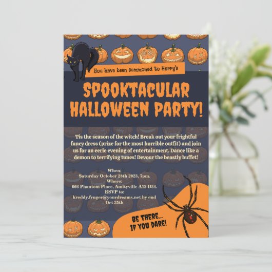 Halloween Party Pumpkin Spider Black Cat Pixel Art 招待状 (スタンド正面)