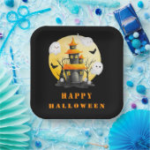 Halloween Party with Haunted House and Ghosts ペーパープレート (パーティー)