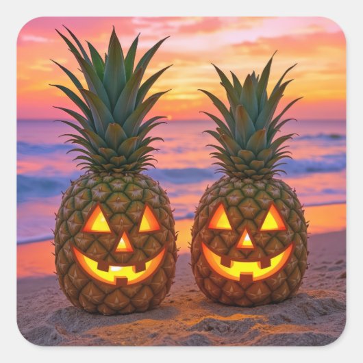Halloween Pineapple Jack-o-lanterns On a Beach スクエアシール (正面)