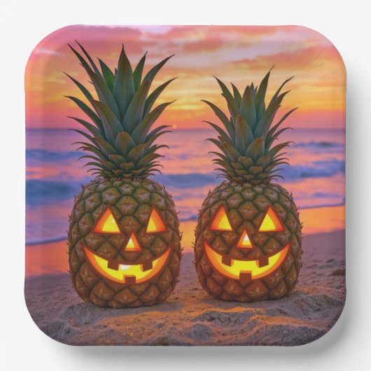 Halloween Pineapple Jack-o-lanterns On a Beach ペーパープレート (正面)