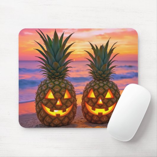 Halloween Pineapple Jack-o-lanterns On a Beach マウスパッド (マウス)