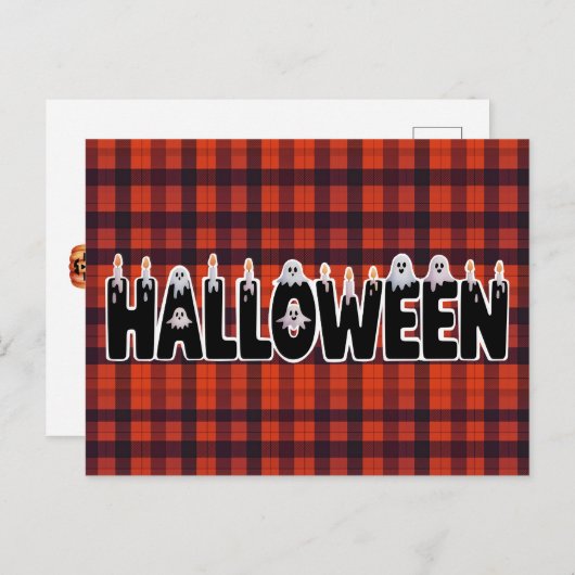 Halloween Plaid Ghost Lettering ポストカード (正面/裏面)