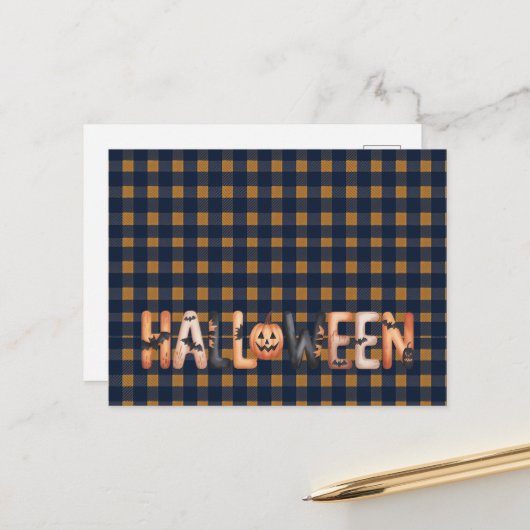 Halloween Plaid Pumpkin シーズンポストカード (正面/裏面インサイチュ)