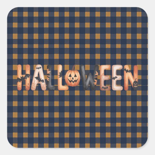Halloween Plaid Pumpkin スクエアシール (正面)