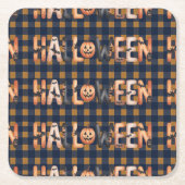 Halloween Plaid Pumpkin スクエアペーパーコースター (正面)