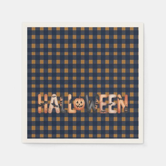 Halloween Plaid Pumpkin スタンダードカクテルナプキン (正面)