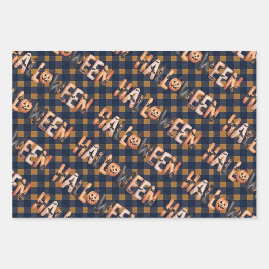 Halloween Plaid Pumpkin ラッピングペーパーシート (正面)