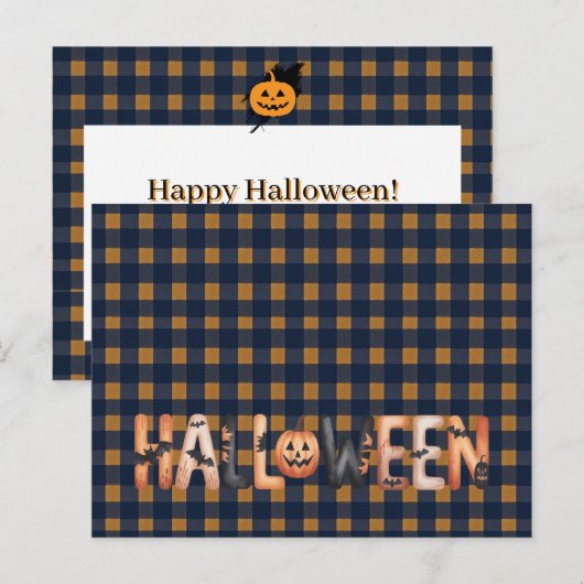 Halloween Plaid Pumpkin Greeting ポストカード (正面/裏面)