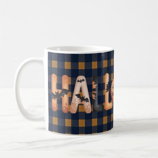 Halloween Plaid Pumpkin Typography コーヒーマグカップ (左)