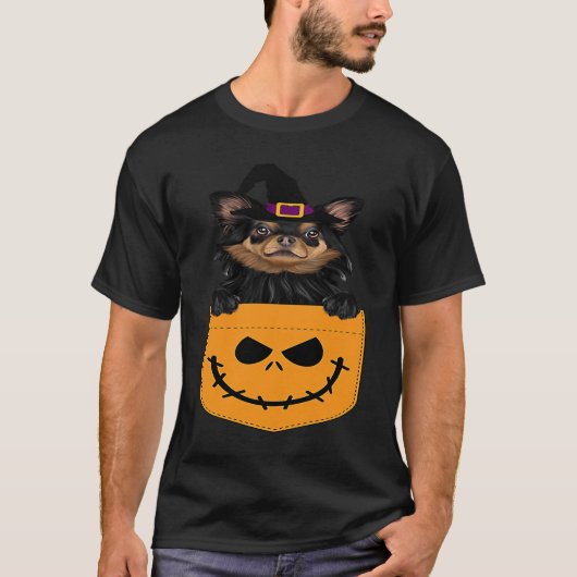 Halloween Pocket Black Chihuahua Scary Jack O Lant Tシャツ (正面)