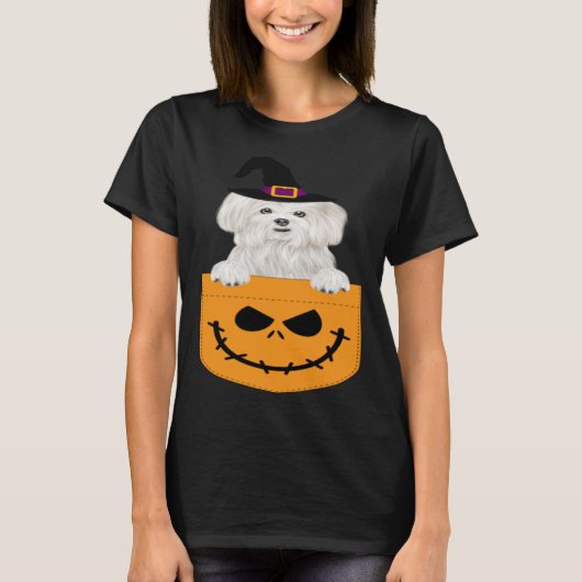 Halloween Pocket Maltese Scary Jack O Lantern Tシャツ (正面)