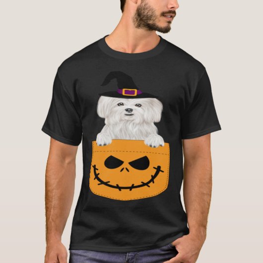 Halloween Pocket Maltese Scary Jack O Lantern Tシャツ (正面)