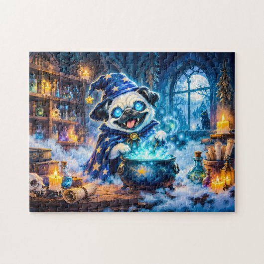 Halloween Pug Wizard Brewing Potion ジグソーパズル (横)