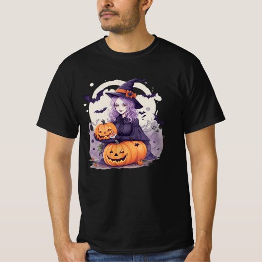 halloween pumpkin and halloween witch bats tシャツ (正面)
