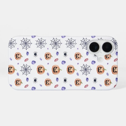 Halloween Pumpkin and Spider Web Pattern iPhone 16ケース (裏面横)