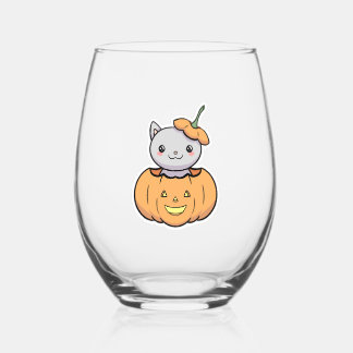 Halloween Pumpkin Cat ステムなしワイングラス