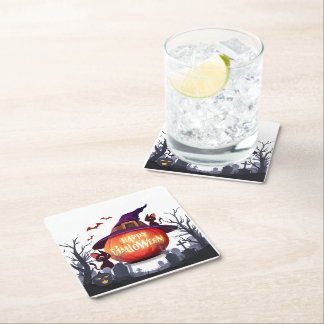 Halloween Pumpkin, Cats & Witch  スクエアペーパーコースター