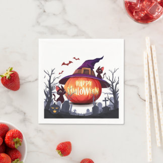 Halloween Pumpkin, Cats & Witch Ha スタンダードカクテルナプキン